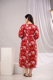 Women Red Printed Flared Maternity Dress