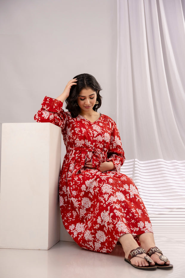 Women Red Printed Flared Maternity Dress