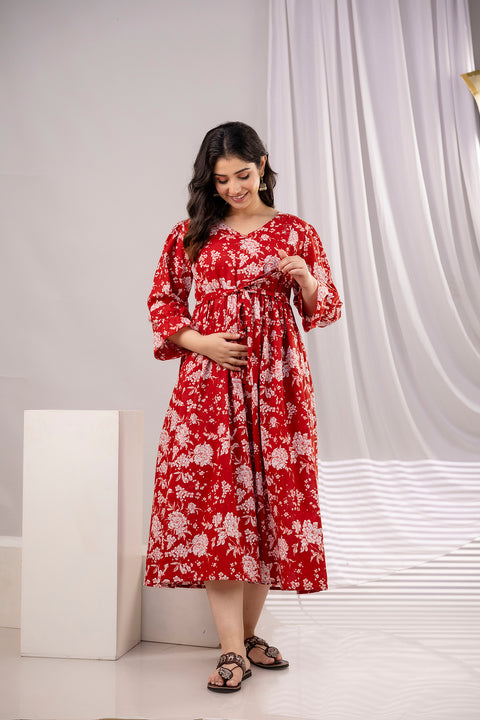 Women Red Printed Flared Maternity Dress