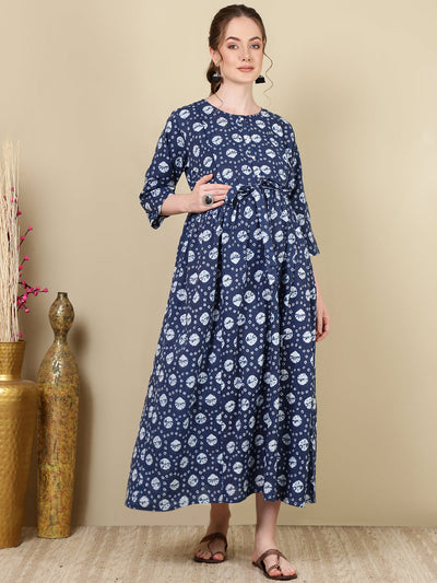 Women Navy Blue Printed Flared Maternity Dress