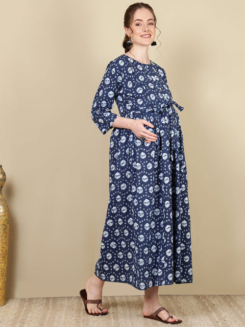 Women Navy Blue Printed Flared Maternity Dress