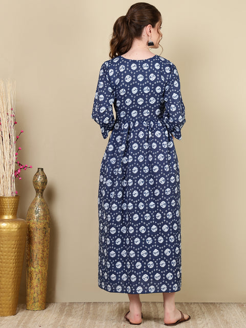 Women Navy Blue Printed Flared Maternity Dress