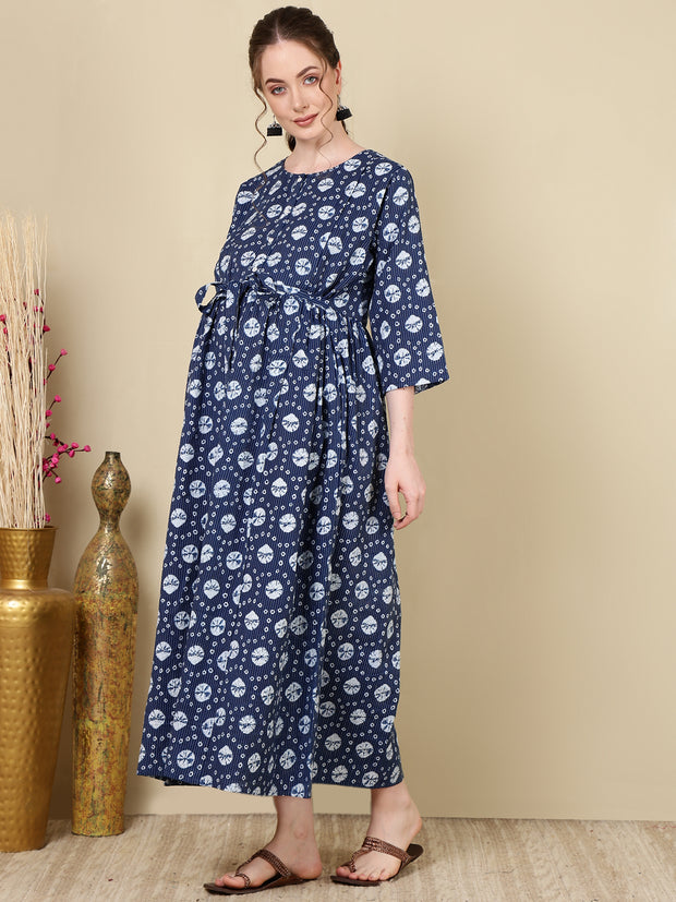 Women Navy Blue Printed Flared Maternity Dress