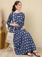 Women Navy Blue Printed Flared Maternity Dress