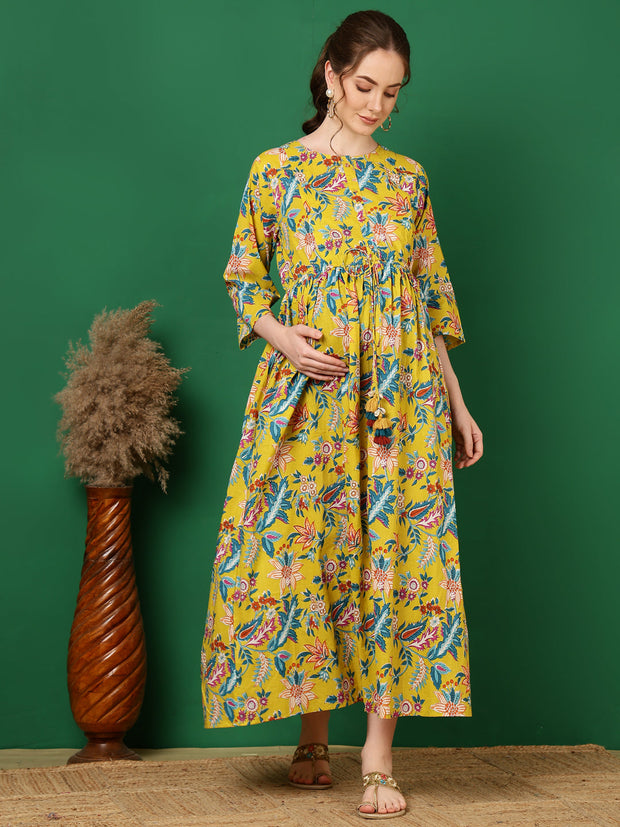 Women Yellow Printed Flared Maternity Dress