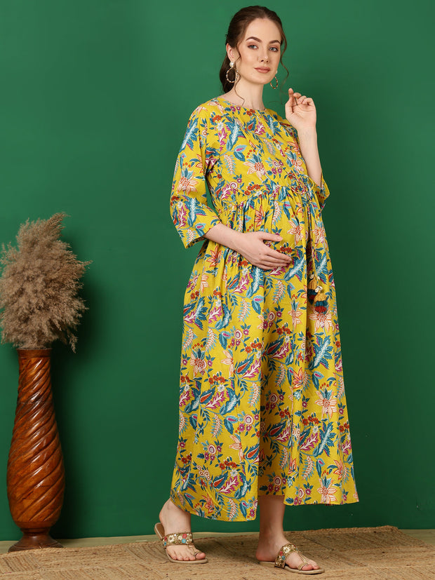 Women Yellow Printed Flared Maternity Dress