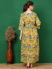 Women Yellow Printed Flared Maternity Dress