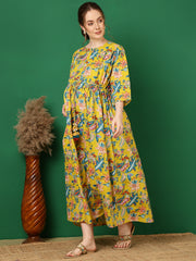 Women Yellow Printed Flared Maternity Dress