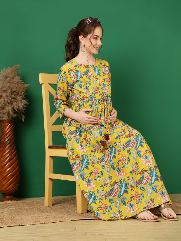 Women Yellow Printed Flared Maternity Dress