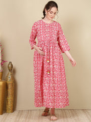 Women Pink Printed Flared Maternity Dress