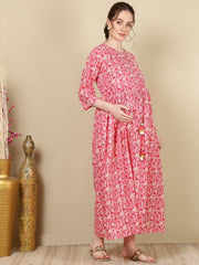 Women Pink Printed Flared Maternity Dress