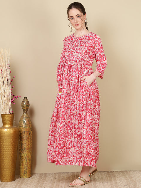 Women Pink Printed Flared Maternity Dress