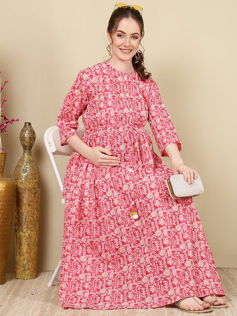 Women Pink Printed Flared Maternity Dress