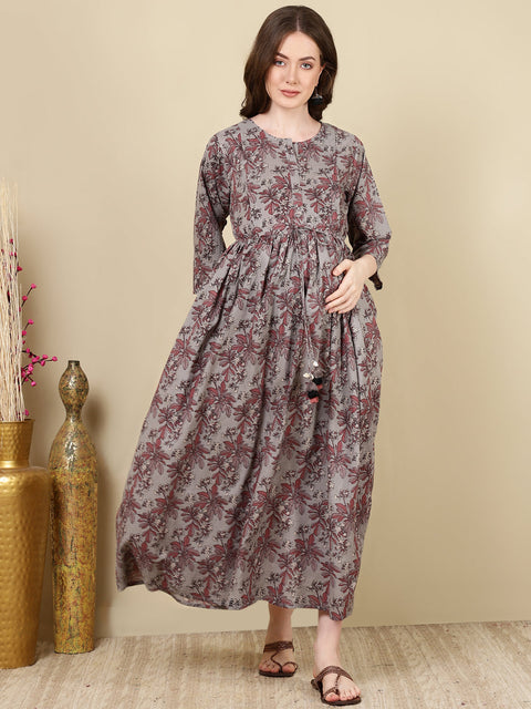 Women Grey Printed Flared Maternity Dress