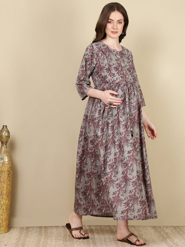 Women Grey Printed Flared Maternity Dress