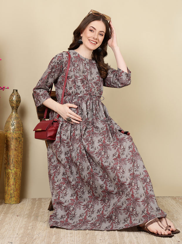 Women Grey Printed Flared Maternity Dress