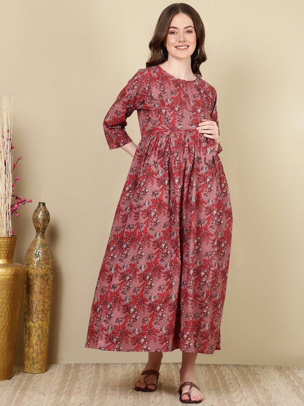 Women Mauve Floral Printed Flared Maternity Dress