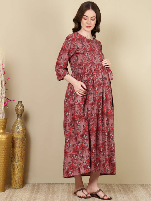 Women Mauve Floral Printed Flared Maternity Dress