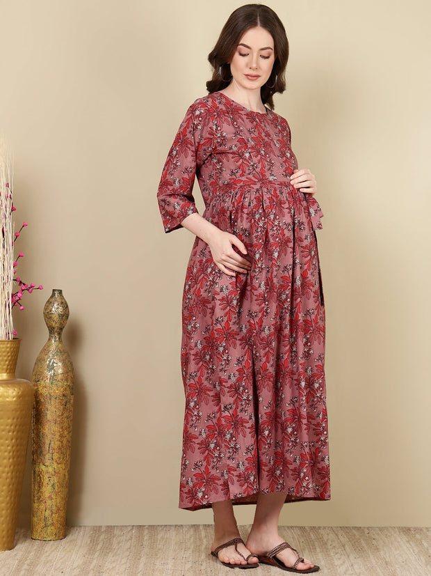 Women Mauve Floral Printed Flared Maternity Dress