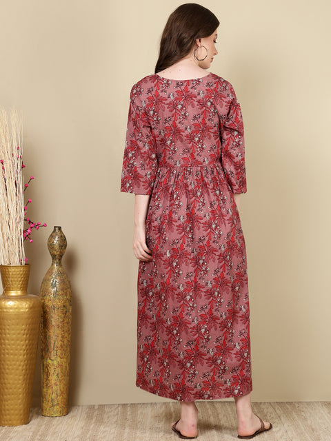 Women Mauve Floral Printed Flared Maternity Dress