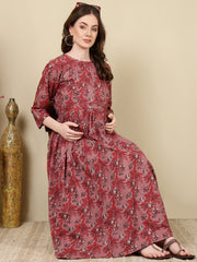 Women Mauve Floral Printed Flared Maternity Dress