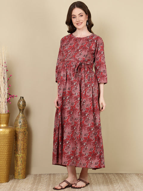 Women Mauve Floral Printed Flared Maternity Dress