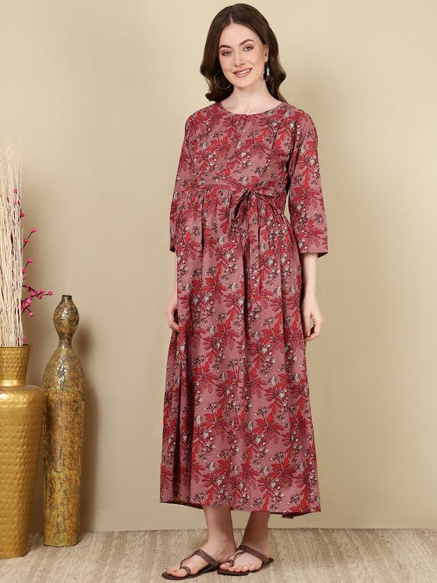 Women Mauve Floral Printed Flared Maternity Dress