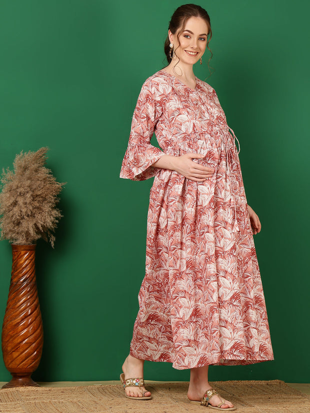 Women Mauve Floral Printed Flared Maternity Dress