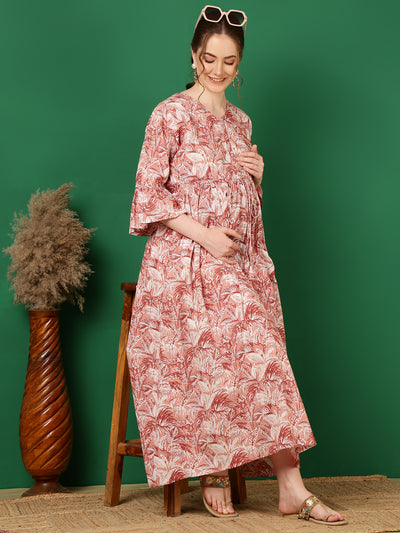 Women Mauve Floral Printed Flared Maternity Dress