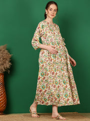 Women Off White Printed Flared Maternity Dress