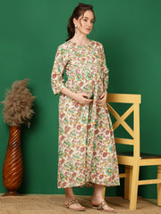 Women Off White Printed Flared Maternity Dress