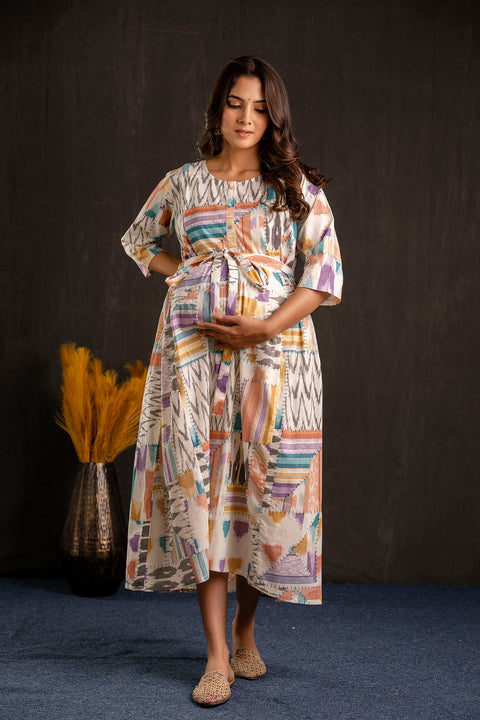 Women Multi Printed Flared Maternity Dress