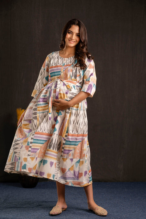 Women Multi Printed Flared Maternity Dress