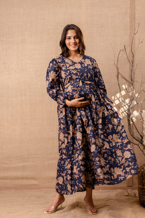 Women Navy Blue Printed Flared Maternity Dress