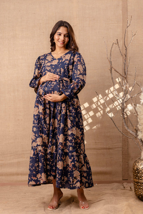 Women Navy Blue Printed Flared Maternity Dress