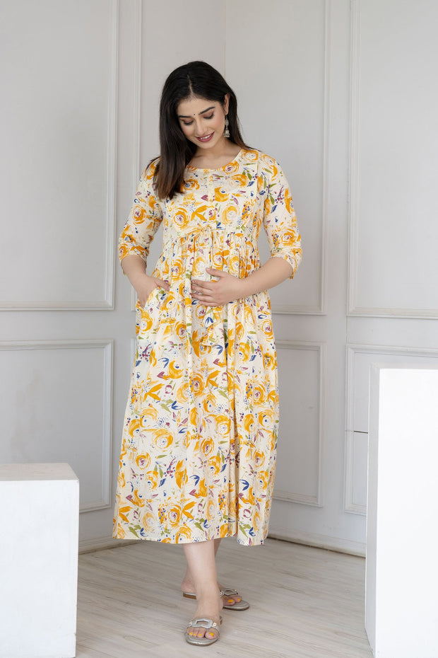 Women Off White Printed Flared Maternity Dress