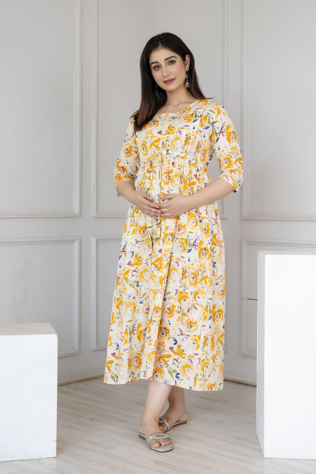 Women Off White Printed Flared Maternity Dress