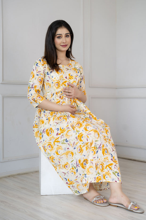 Women Off White Printed Flared Maternity Dress