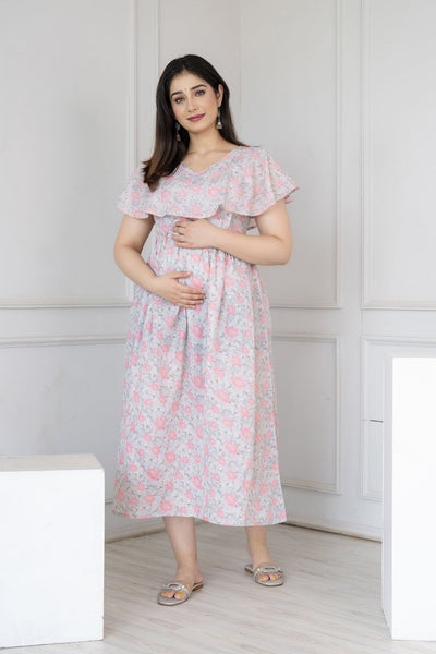 Women Grey Printed Flared Maternity Dress