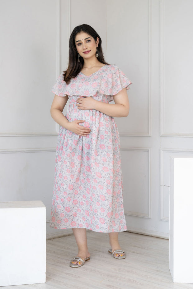 Women Grey Printed Flared Maternity Dress