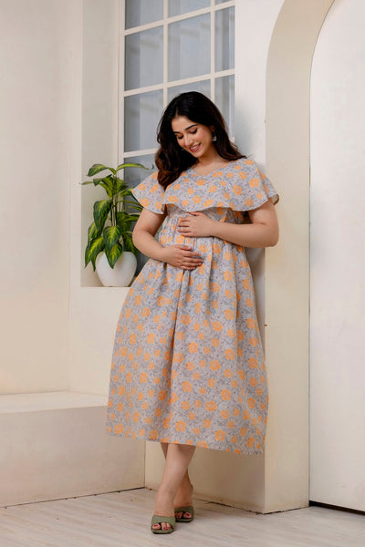 Women Grey Printed Flared Maternity Dress