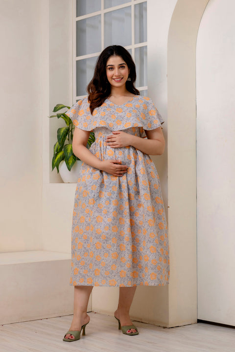 Women Grey Printed Flared Maternity Dress