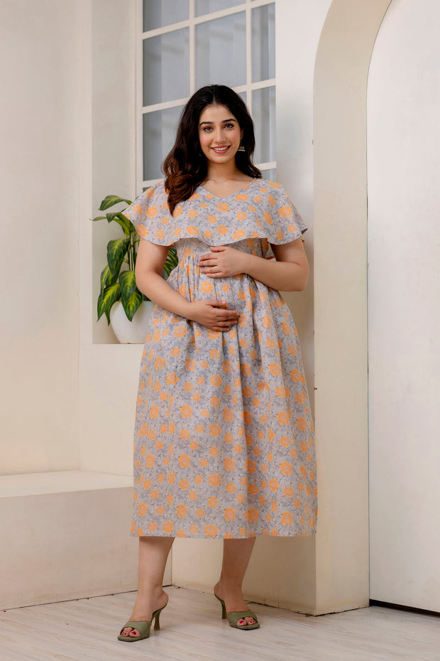 Women Grey Printed Flared Maternity Dress