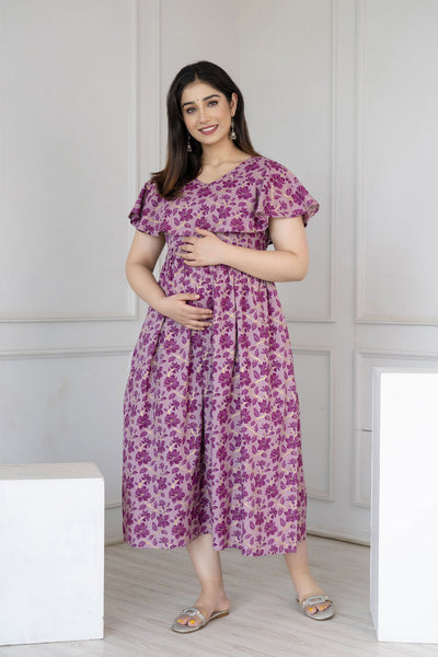 Women Purple Printed Flared Maternity Dress