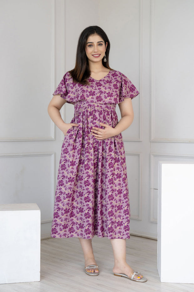 Women Purple Printed Flared Maternity Dress