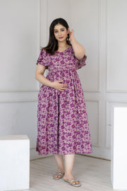 Women Purple Printed Flared Maternity Dress