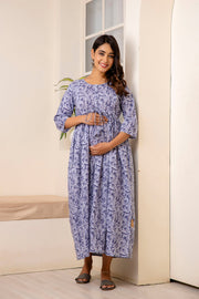 Women Grey Printed Flared Maternity Dress