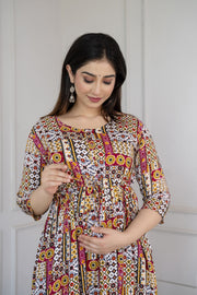 Women Multi Printed Flared Maternity Dress