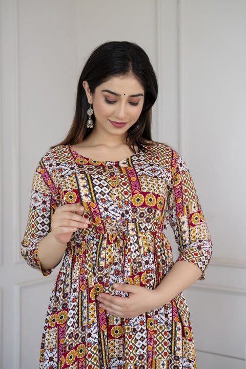 Women Multi Printed Flared Maternity Dress