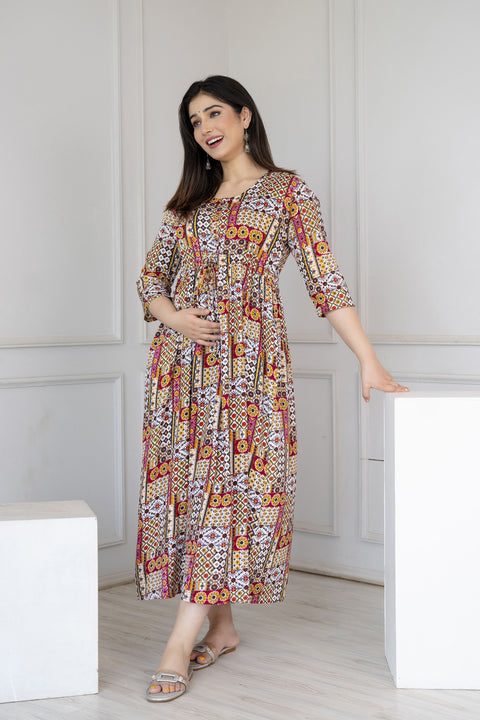 Women Multi Printed Flared Maternity Dress